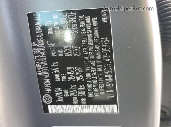 5NMP5DGL4RH059234 2024 HYUNDAI SANTA FE CALLIGRAPHY Charcoal VIN կոդի պիտակի տեսք