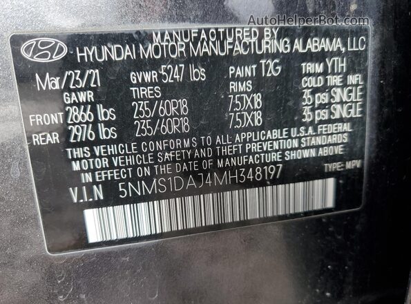 5NMS1DAJ4MH348197 2021 HYUNDAI SANTA Gray Vista interior de 360 grados