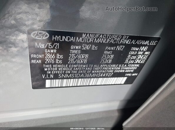 5NMS1DAJ6MH344927 2021 HYUNDAI SANTA FE Серый 