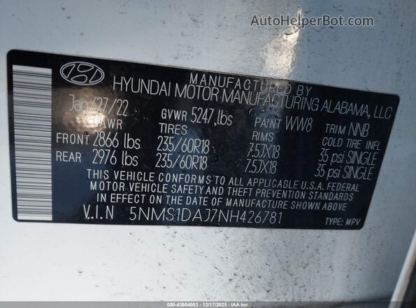 5NMS1DAJ7NH426781 2022 HYUNDAI SANTA FE White Vista del compartimento del motor