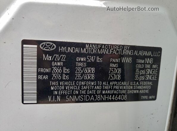 5NMS1DAJ8NH446408 2022 HYUNDAI SANTA White Widok naklejki z numerem VIN