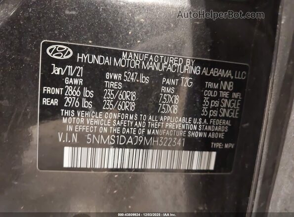 5NMS1DAJ9MH322341 2021 HYUNDAI SANTA FE Gray ძრავის განყოფილების ხედი