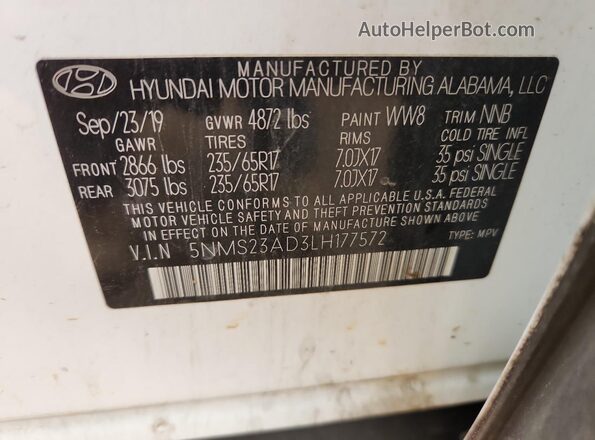 5NMS23AD3LH177572 2020 HYUNDAI SANTA White VIN sticker view