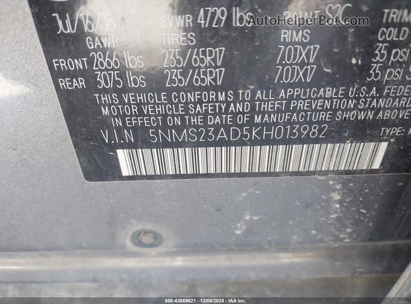 5NMS23AD5KH013982 2019 HYUNDAI SANTA FE Gray 