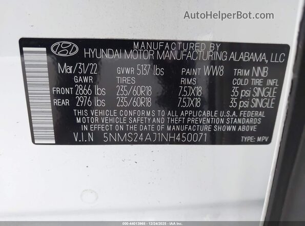 5NMS24AJ1NH450071 2022 HYUNDAI SANTA FE White Widok komory silnika