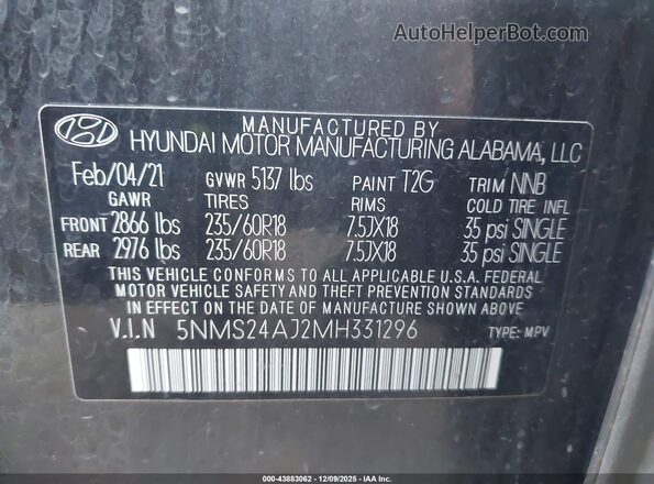 5NMS24AJ2MH331296 2021 HYUNDAI SANTA FE Gray 