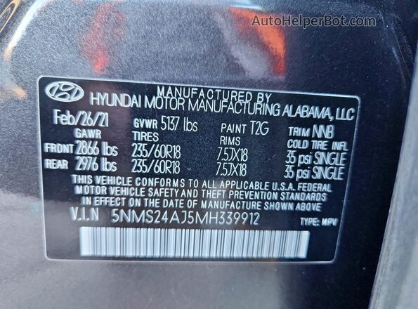 5NMS24AJ5MH339912 2021 HYUNDAI SANTA Gray Սալոնի 360 աստիճան տեսք