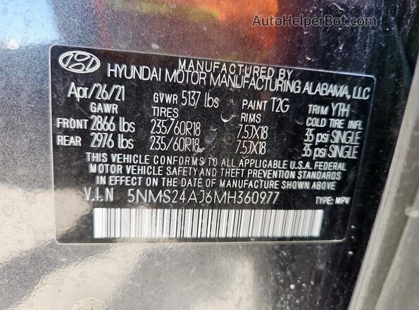 5NMS24AJ6MH360977 2021 HYUNDAI SANTA Gray Vista interior de 360 grados