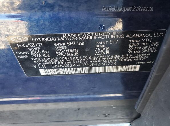 5NMS24AJ7MH330774 2021 HYUNDAI SANTA Синий Вид наклейки с VIN-кодом