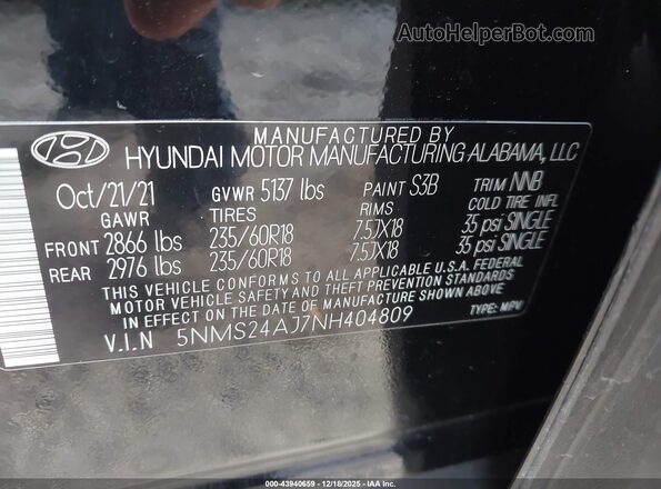 5NMS24AJ7NH404809 2022 HYUNDAI SANTA FE Black Engine compartment view