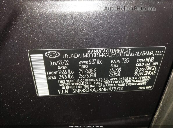 5NMS24AJ8NH479714 2022 HYUNDAI SANTA FE Серый Вид подкапотного пространства