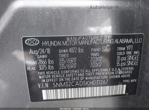 5NMS2CAD5KH031267 2019 HYUNDAI SANTA FE HYBRID Gray 