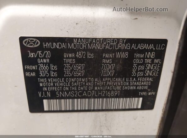 5NMS2CAD7LH216891 2020 HYUNDAI SANTA FE White Vista del compartimento del motor