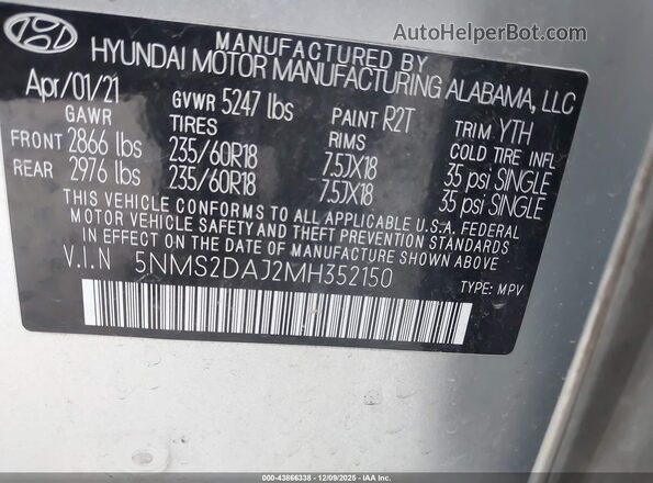 5NMS2DAJ2MH352150 2021 HYUNDAI SANTA FE Silver 