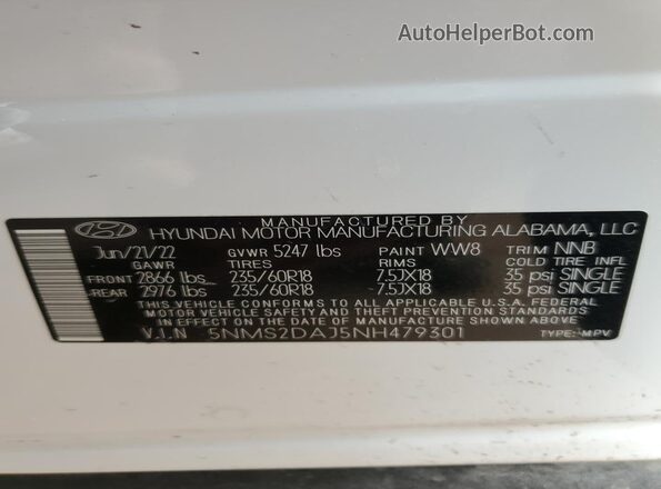 5NMS2DAJ5NH479301 2022 HYUNDAI SANTA White VIN sticker view