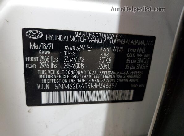 5NMS2DAJ6MH346397 2021 HYUNDAI SANTA White 