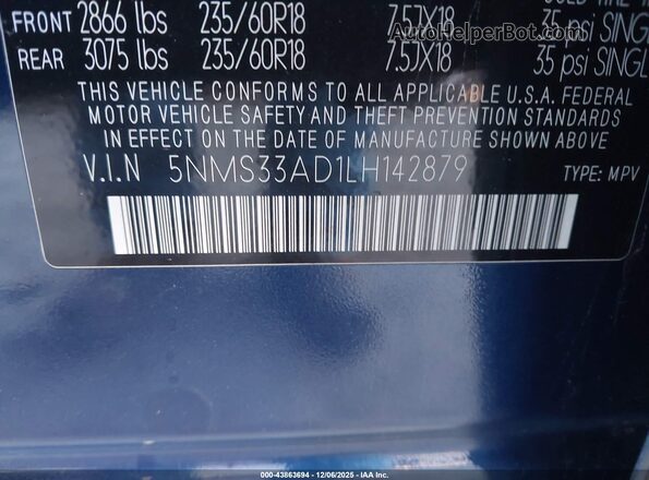 5NMS33AD1LH142879 2020 HYUNDAI SANTA FE Blue Vista del compartimento del motor