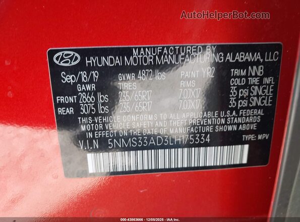 5NMS33AD3LH175334 2020 HYUNDAI SANTA FE Orange Engine compartment view
