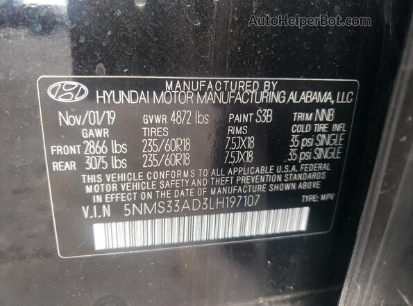 5NMS33AD3LH197107 2020 HYUNDAI SANTA Black Вид наклейки з VIN-кодом