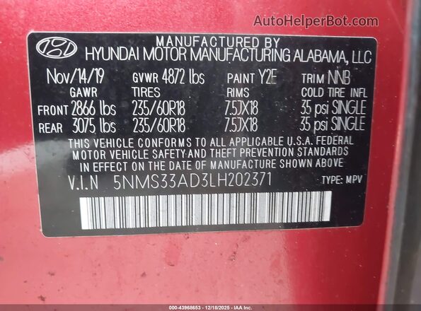5NMS33AD3LH202371 2020 HYUNDAI SANTA FE Red Շարժիչի բաժամունքի տեսք
