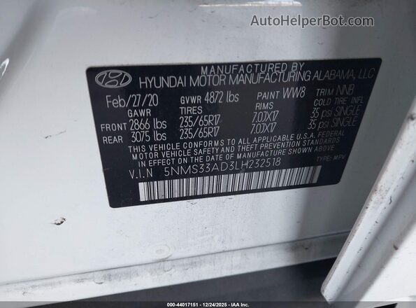 5NMS33AD3LH232518 2020 HYUNDAI SANTA FE White ძრავის განყოფილების ხედი