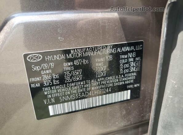 5NMS33AD4LH171244 2020 HYUNDAI SANTA Tan სალონის 360-გრადუსიანი ხედი