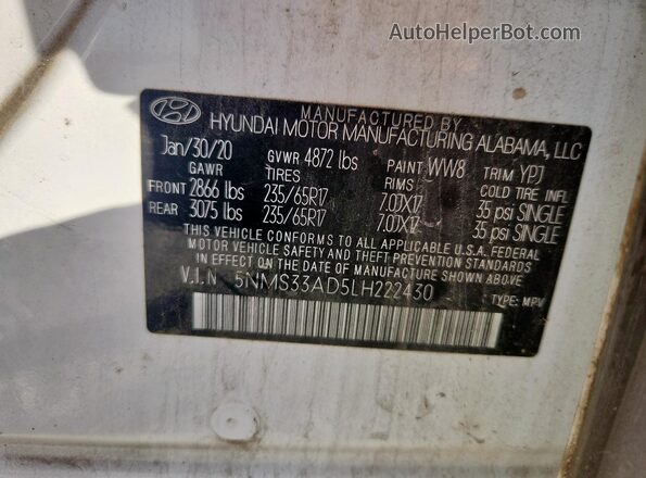 5NMS33AD5LH222430 2020 HYUNDAI SANTA White Панорамний вид салону 360°