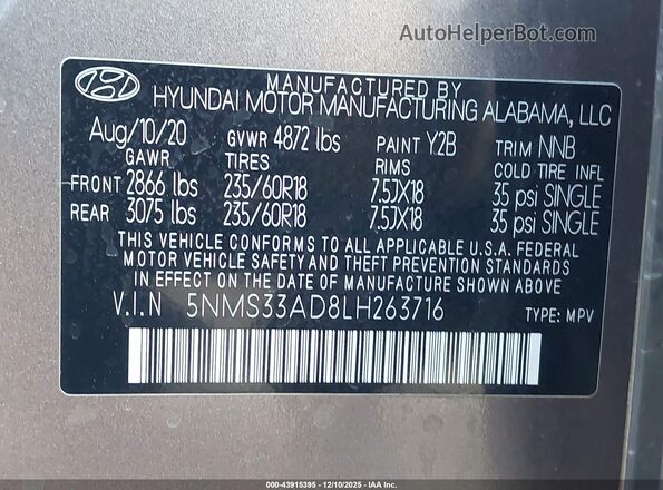 5NMS33AD8LH263716 2020 HYUNDAI SANTA FE Brown Vista del compartimento del motor