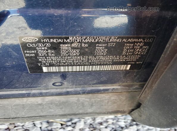 5NMS33AD8LH299955 2020 HYUNDAI SANTA Синий Вид наклейки с VIN-кодом