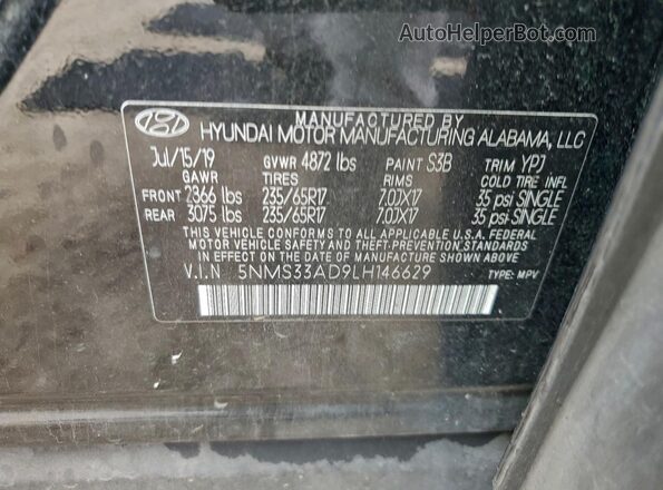 5NMS33AD9LH146629 2020 HYUNDAI SANTA Black Vista de la etiqueta del VIN