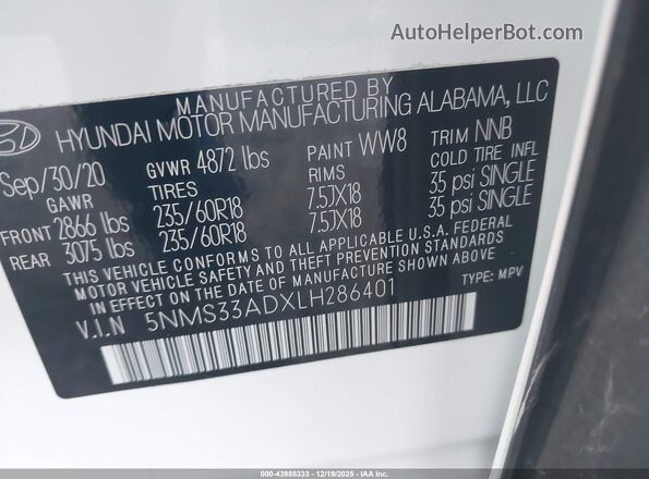 5NMS33ADXLH286401 2020 HYUNDAI SANTA FE White ძრავის განყოფილების ხედი