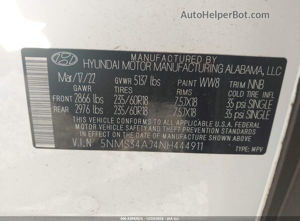 5NMS34AJ4NH444911 2022 HYUNDAI SANTA FE White Vista del compartimento del motor