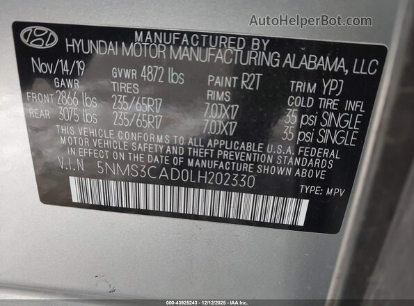 5NMS3CAD0LH202330 2020 HYUNDAI SANTA FE Silver Vista del compartimento del motor