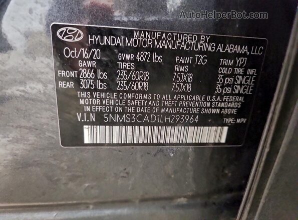 5NMS3CAD1LH293964 2020 HYUNDAI SANTA Gray VIN კოდის სტიკერის ხედი