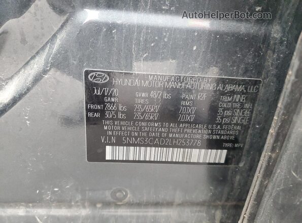 5NMS3CAD2LH253778 2020 HYUNDAI SANTA Gray Vista interior de 360 grados