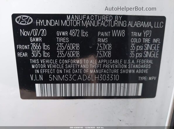 5NMS3CAD6LH303310 2020 HYUNDAI SANTA FE White Vista del compartimento del motor