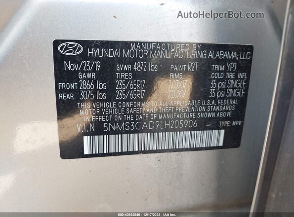 5NMS3CAD9LH205906 2020 HYUNDAI SANTA FE Серебряный Вид подкапотного пространства