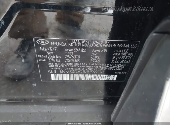 5NMS3DAJ1MH365520 2021 HYUNDAI SANTA FE Black Vista del compartimento del motor