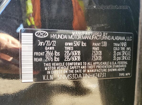 5NMS3DAJ1NH424731 2022 HYUNDAI SANTA Black Вид наклейки з VIN-кодом