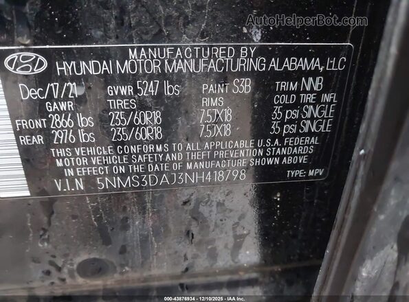 5NMS3DAJ3NH418798 2022 HYUNDAI SANTA FE Черный Вид подкапотного пространства