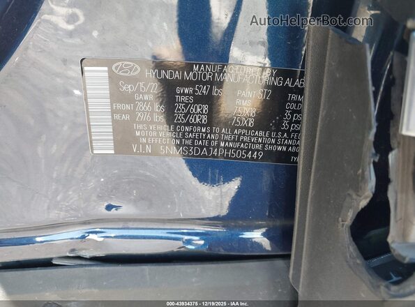 5NMS3DAJ4PH505449 2023 HYUNDAI SANTA FE Blue Շարժիչի բաժամունքի տեսք