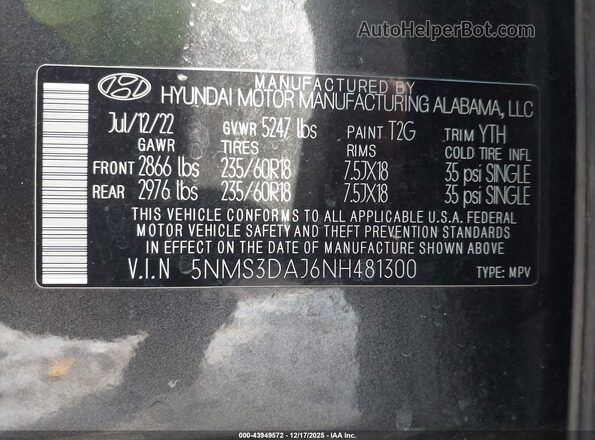5NMS3DAJ6NH481300 2022 HYUNDAI SANTA FE Gray ძრავის განყოფილების ხედი
