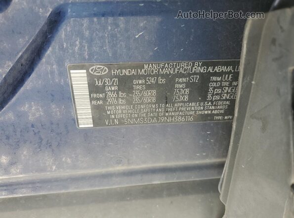 5NMS3DAJ9NH386116 2022 HYUNDAI SANTA Blue Вид наклейки з VIN-кодом