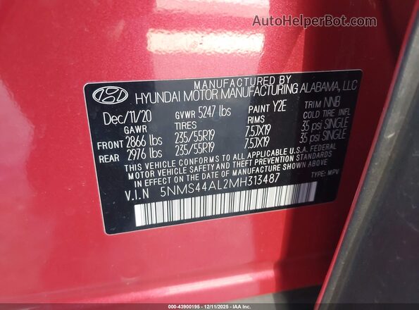 5NMS44AL2MH313487 2021 HYUNDAI SANTA FE Red Engine compartment view