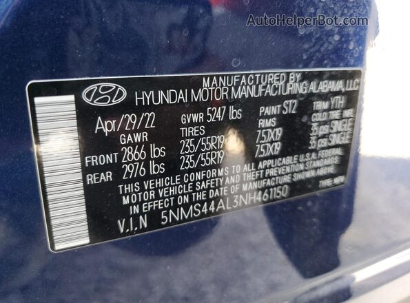 5NMS44AL3NH461150 2022 HYUNDAI SANTA Blue Vista de la etiqueta del VIN