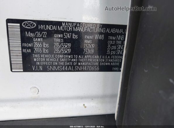 5NMS44AL3NH470656 2022 HYUNDAI SANTA FE White Vista del compartimento del motor