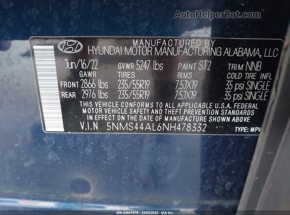 5NMS44AL6NH478332 2022 HYUNDAI SANTA FE Blue Vista del compartimento del motor