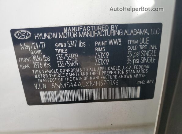 5NMS44ALXMH370133 2021 HYUNDAI SANTA White Vista interior de 360 grados