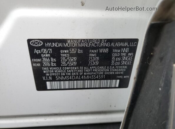5NMS4DAL4MH354591 2021 HYUNDAI SANTA White VIN sticker view