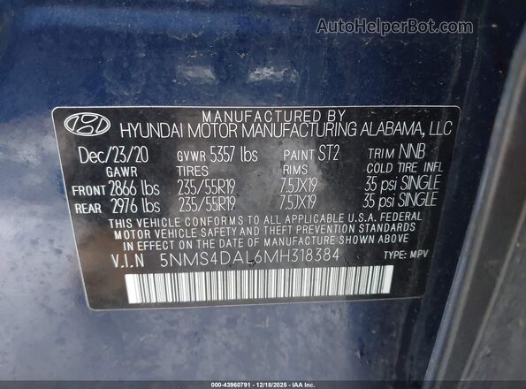 5NMS4DAL6MH318384 2021 HYUNDAI SANTA FE Синий Вид подкапотного пространства